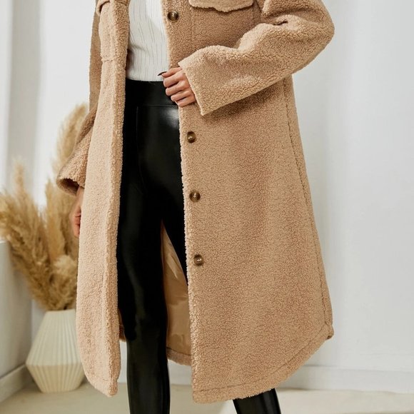 Khaki Casual Boho Drop Shoulder Flap Pocket Teddy Coat - Picture 4 of 5